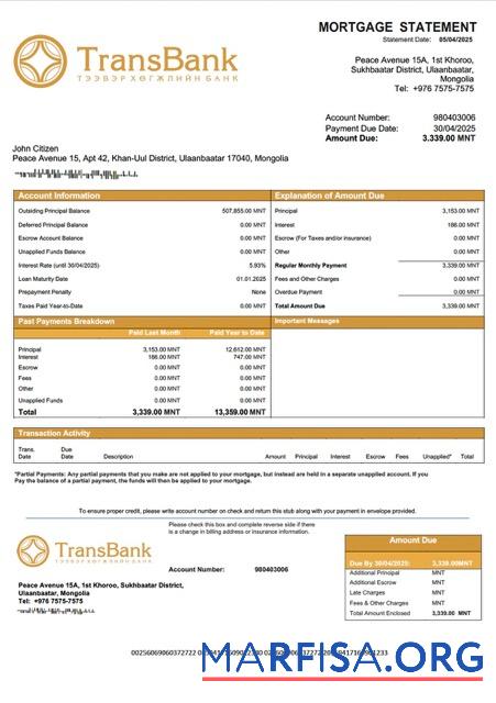 Printable Mongolia Trans Bank mortgage statement Word and PDF template
